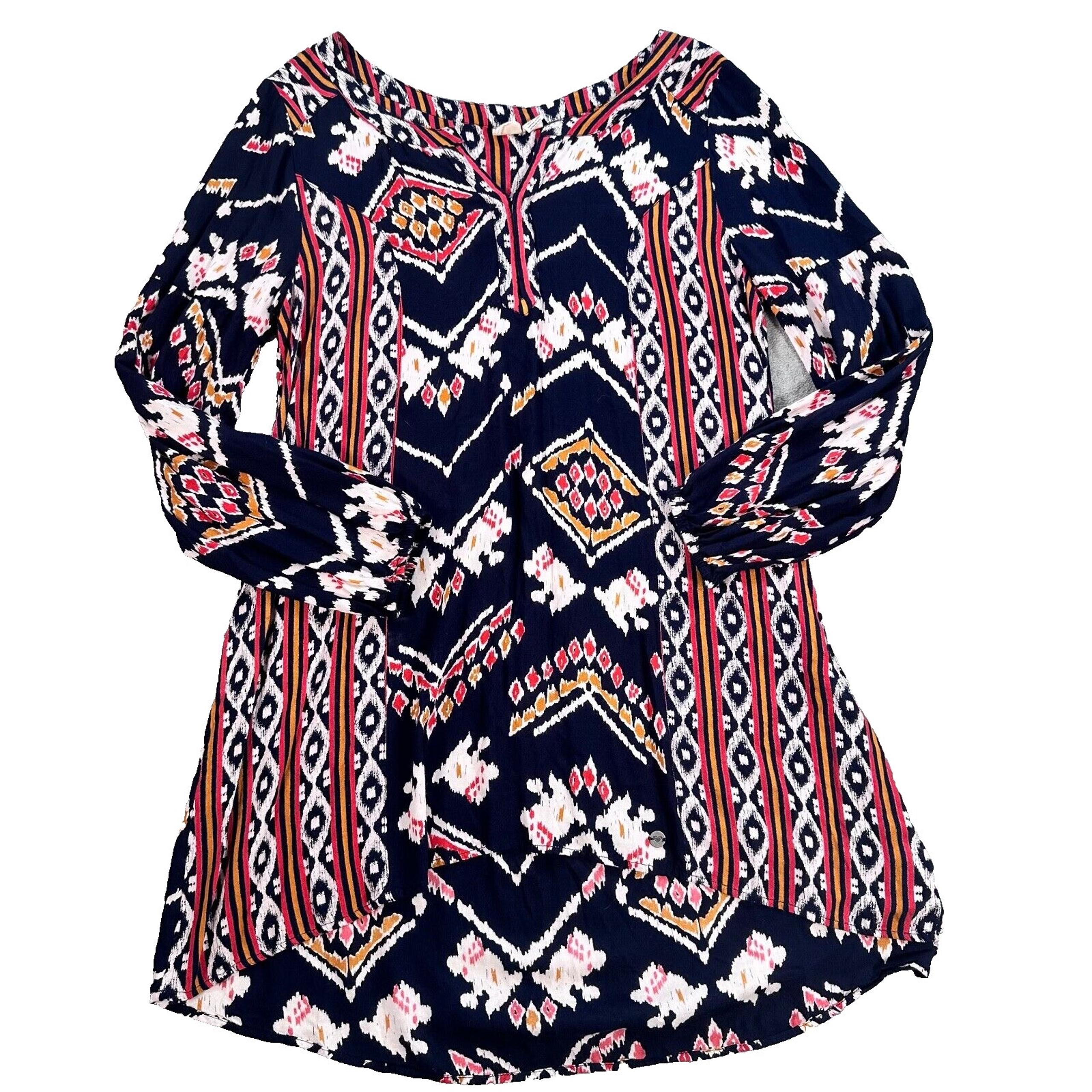 High Low Tunic Blouse Size Small 3/4 Sleeve Blue/Orange Southwestern - Roxy