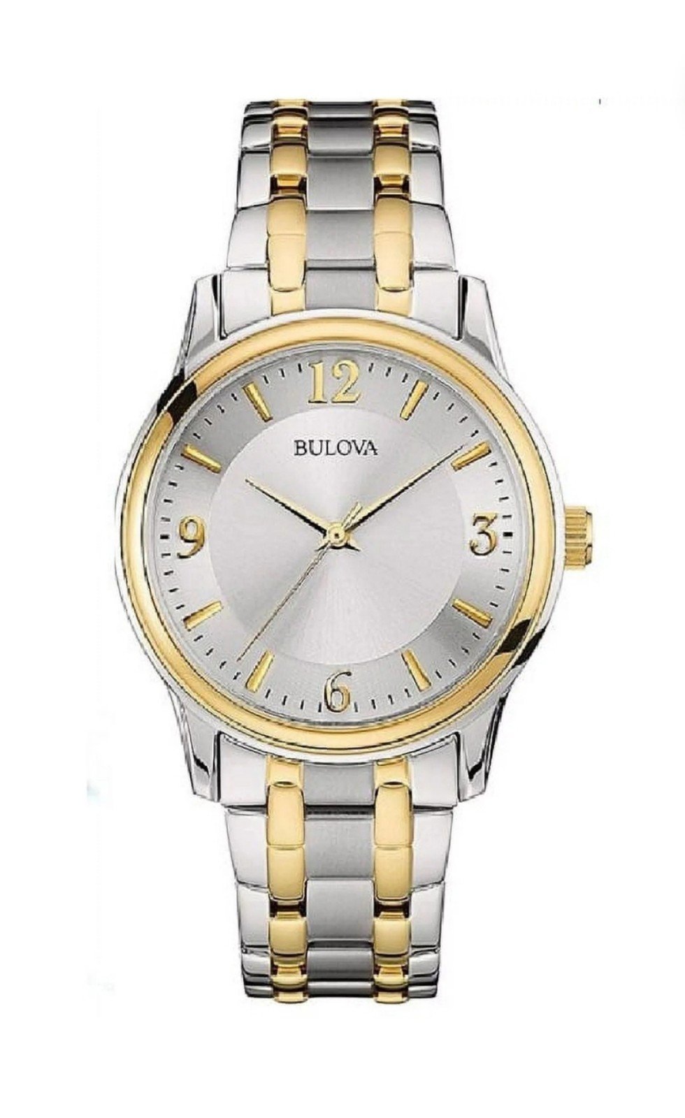 Men Bulova Watch silver dial with gold Arabic and stick markers. Retails:275⁰⁰