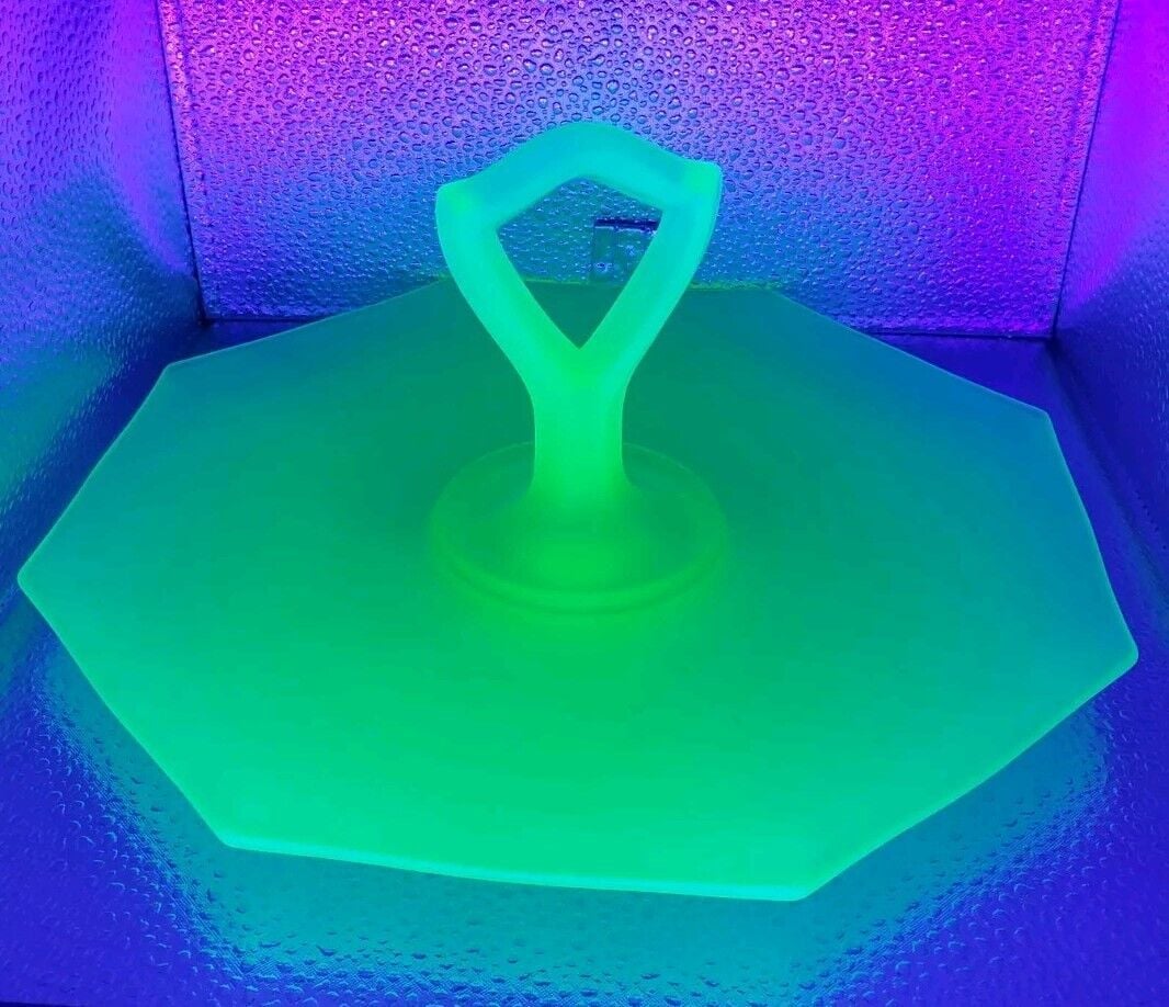 Stunning Uranium Dessert Serving Platter Green Frosted Glass Hexagon