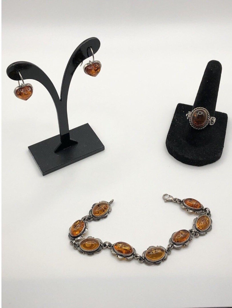 Vtg Sterling Silver 925 Baltic Amber Jewelry Set Ring Earrings Bracelet