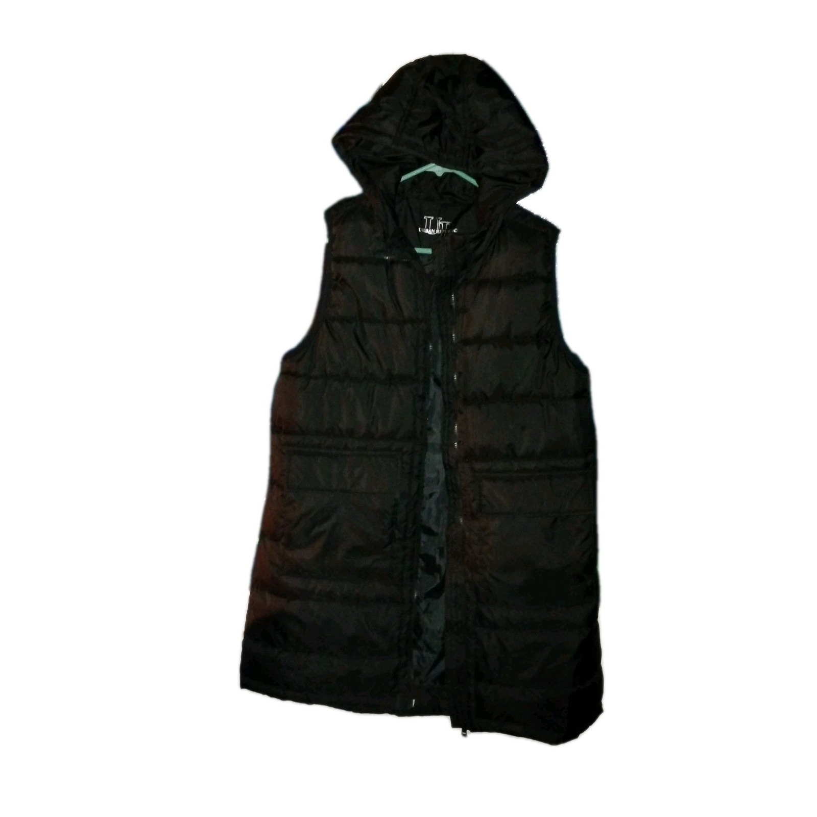 Urban Republic Collection Womens S Puffer Vest Black Long Padded Hooded Zip EUC