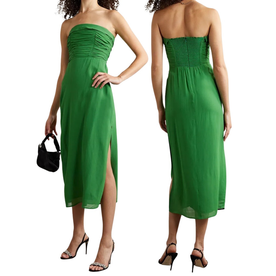 Reformation Lore Strapless Midi Dress Ruched Shirred Georgette Slit Green Size 6