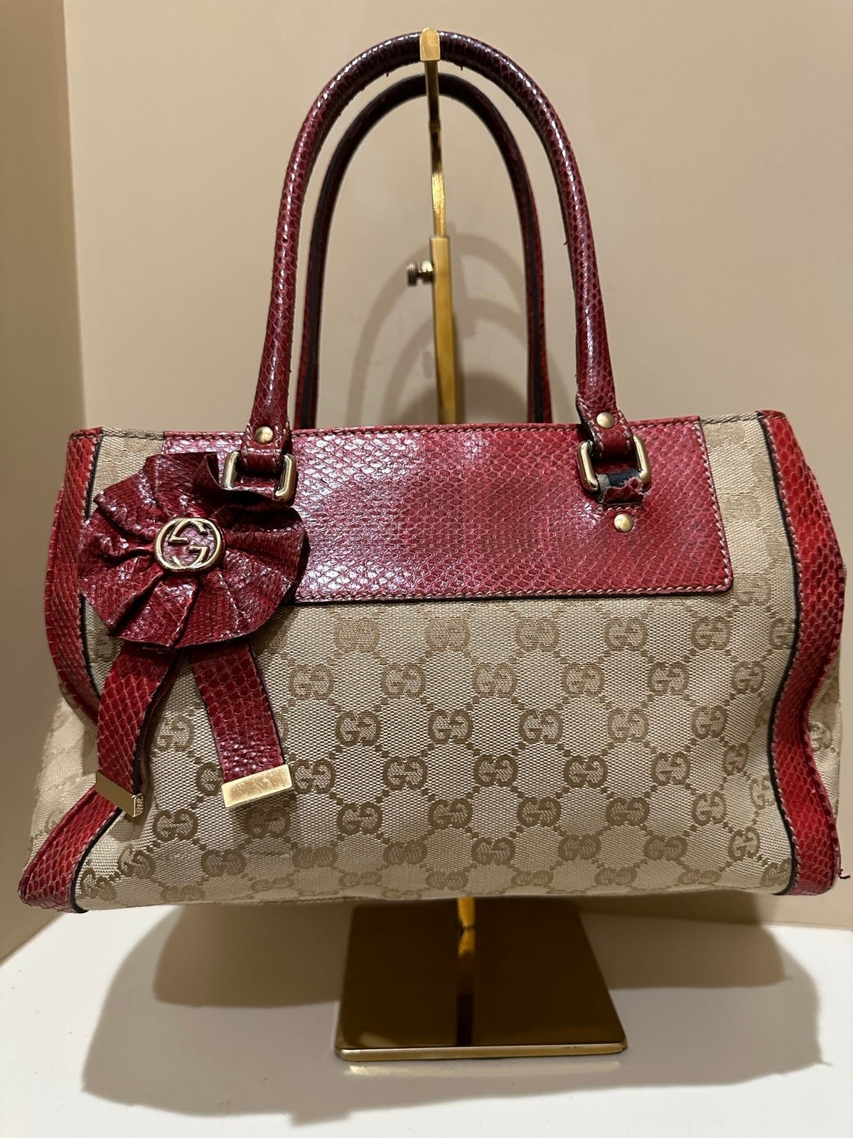 Gucci Canvas Beige/Red Python Trophy Tote