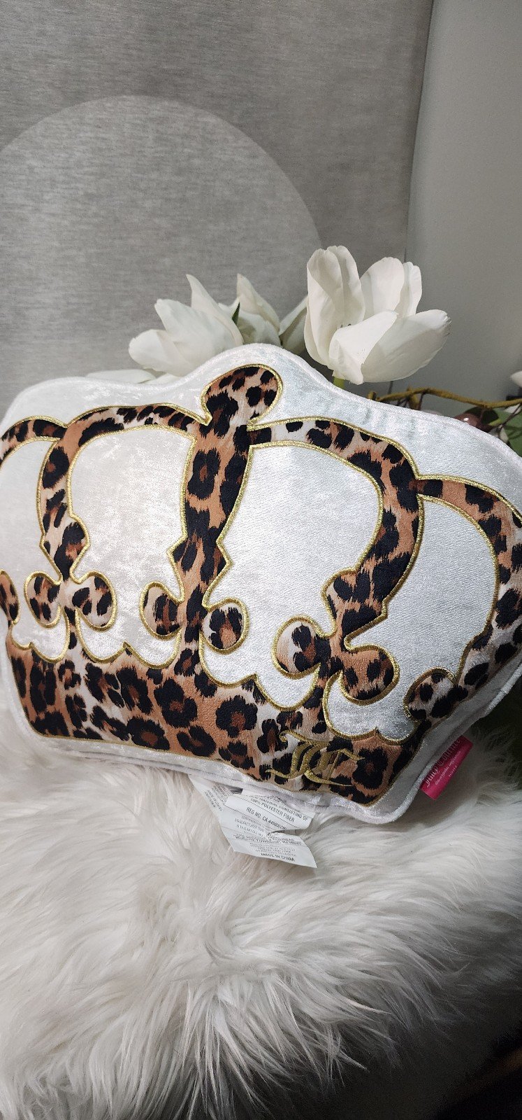 Juicy Coutre Crown Leopard Animal Print White Pillow Cushion