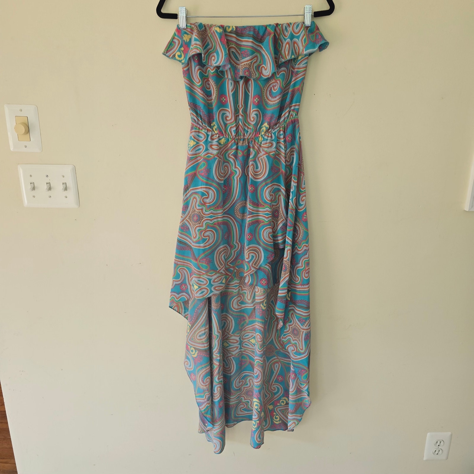Amanda Uprichard Paisley Strapless Ruffle Faux Wrap Blue Dress Women's Size S