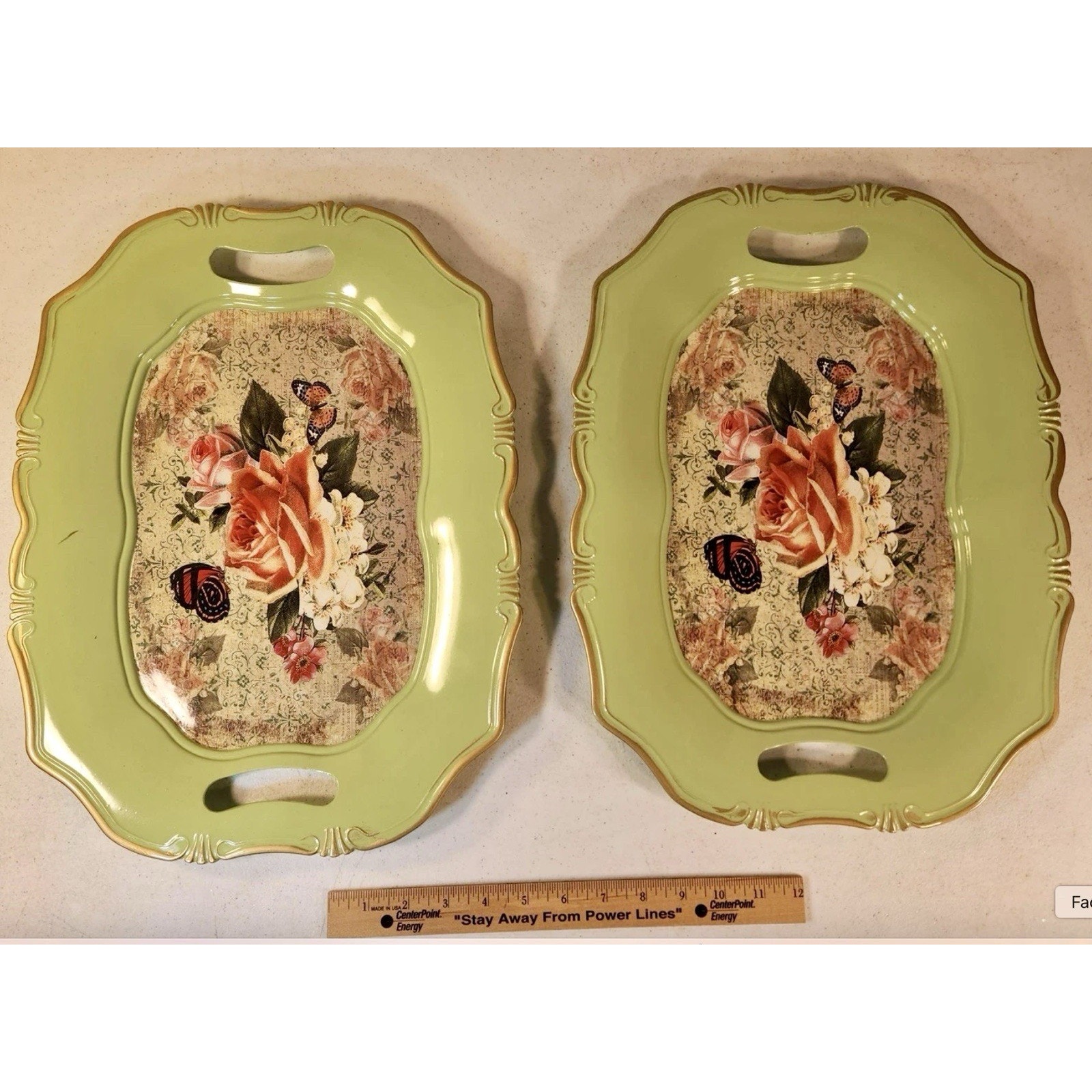Vintage Inspired Roses Birds Retro Serving Trays Light Green
