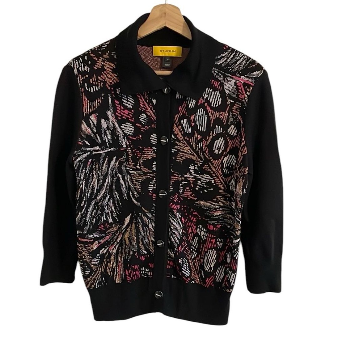 St. John Button Front Cardigan Sweater Wool Metallic Abstract Pink Black Medium