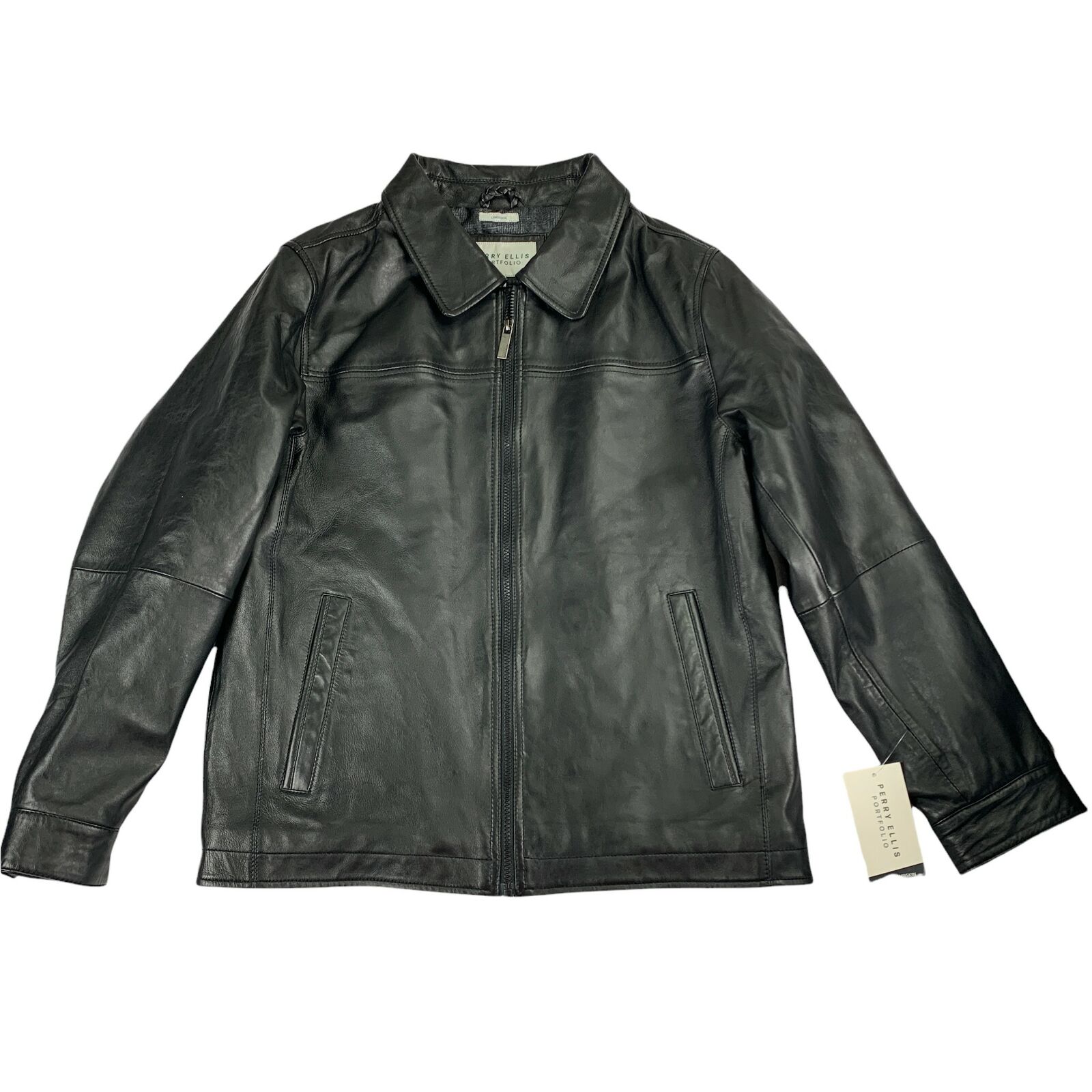 Perry Ellis Mens Classic Genuine Lambskin Leather Jacket Black M