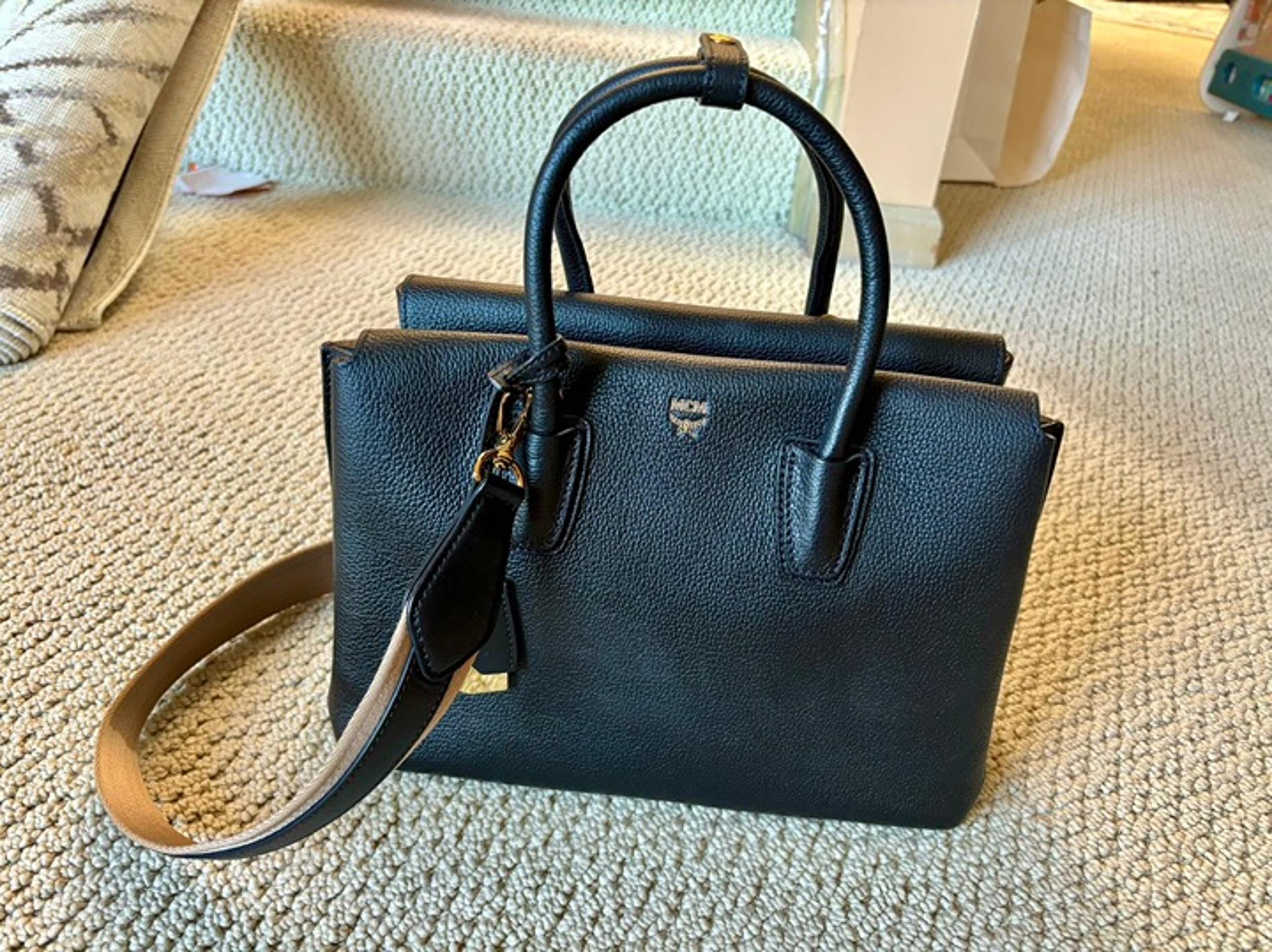 MCM Milla Medium Leather Black Tote w/ Strap Phanton Gray Bag Satchel