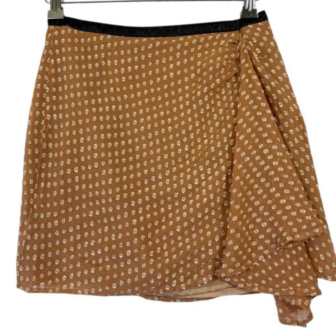 Isabel Lu 100% Silk Brown Tan Polka Dot Mini Wrap Skirt size Xs romantic fairy