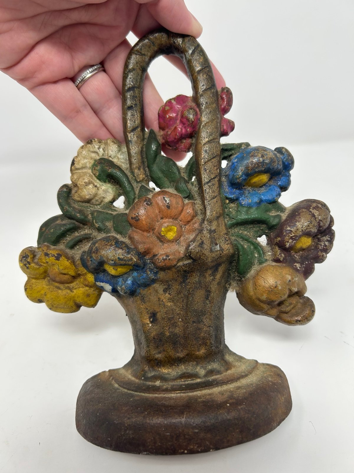 Antique Victorian Red Cast Iron Figural Painted Floral Bouquet Basket Door Stop