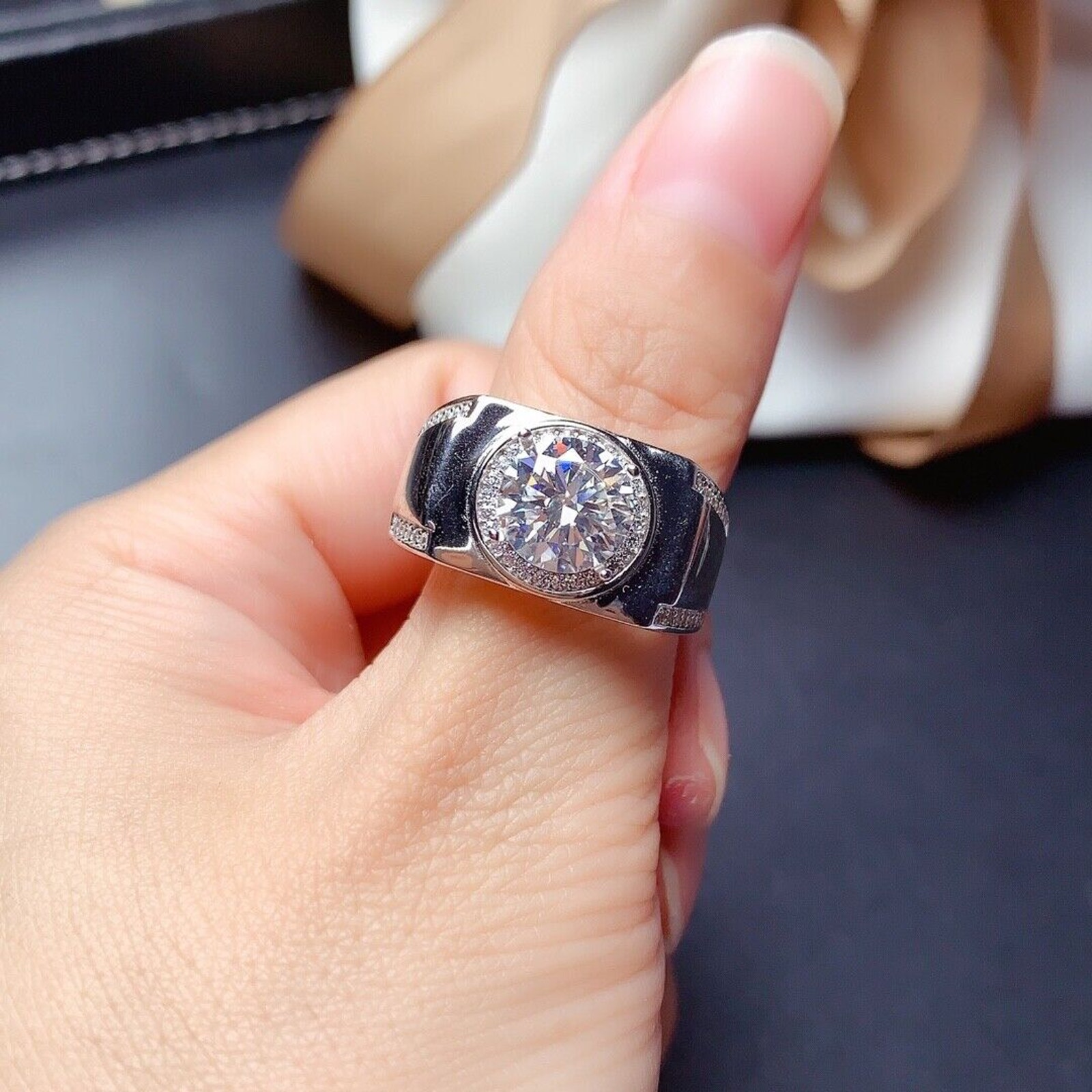 2 Carat Men's Moissanite Ring, White/ Colorless Men's Moissanite Ring D Color