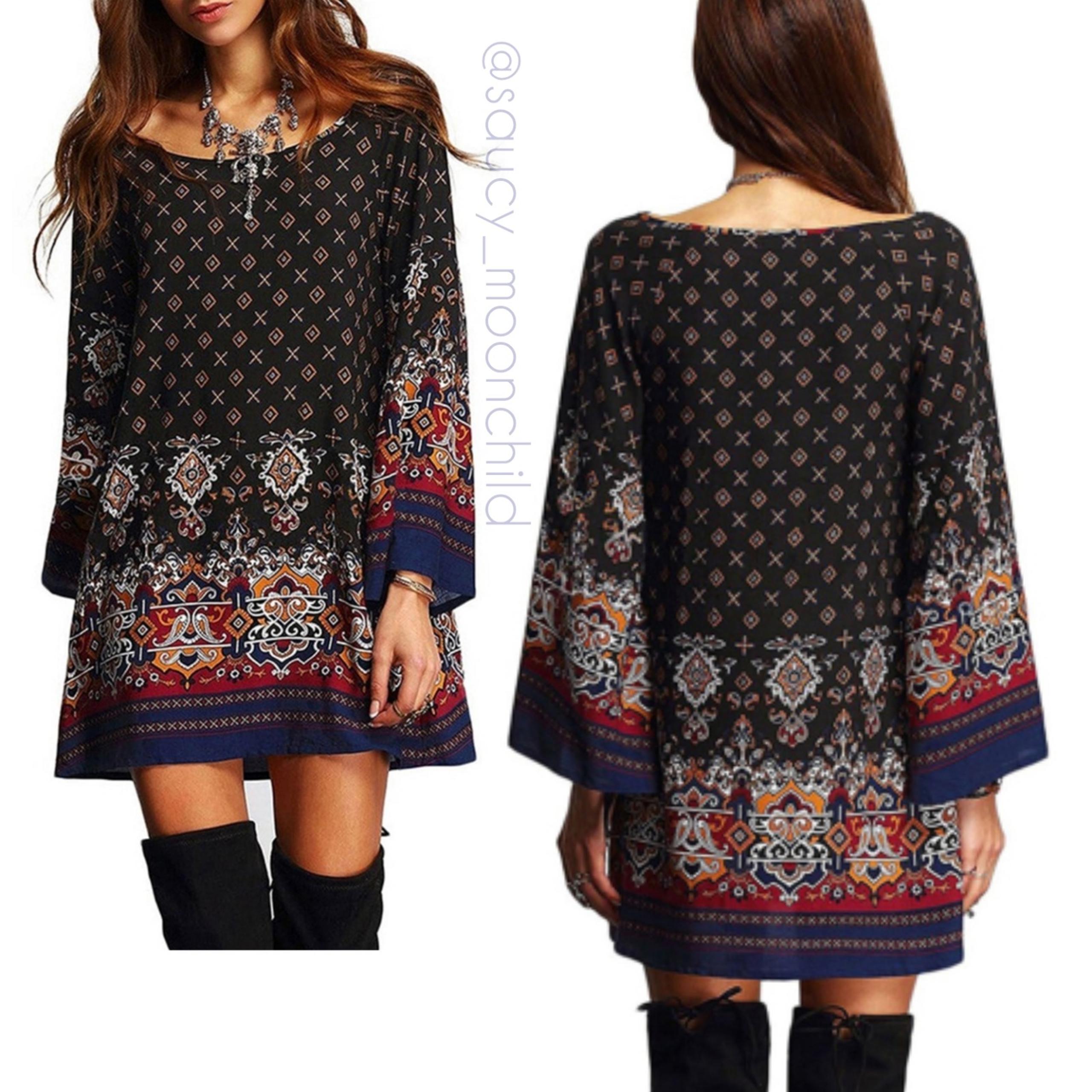 NWT Zanzea Collection Black Pattern Long Sleeve Aline Flowy Boho Dress XL