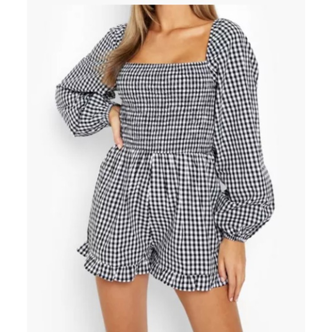Boohoo black romper Shirred Frill Hem Gingham Romper size 6