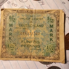 1944 France 2 Francs note and 1/2 Mark German Pfennig note. Both 1944.