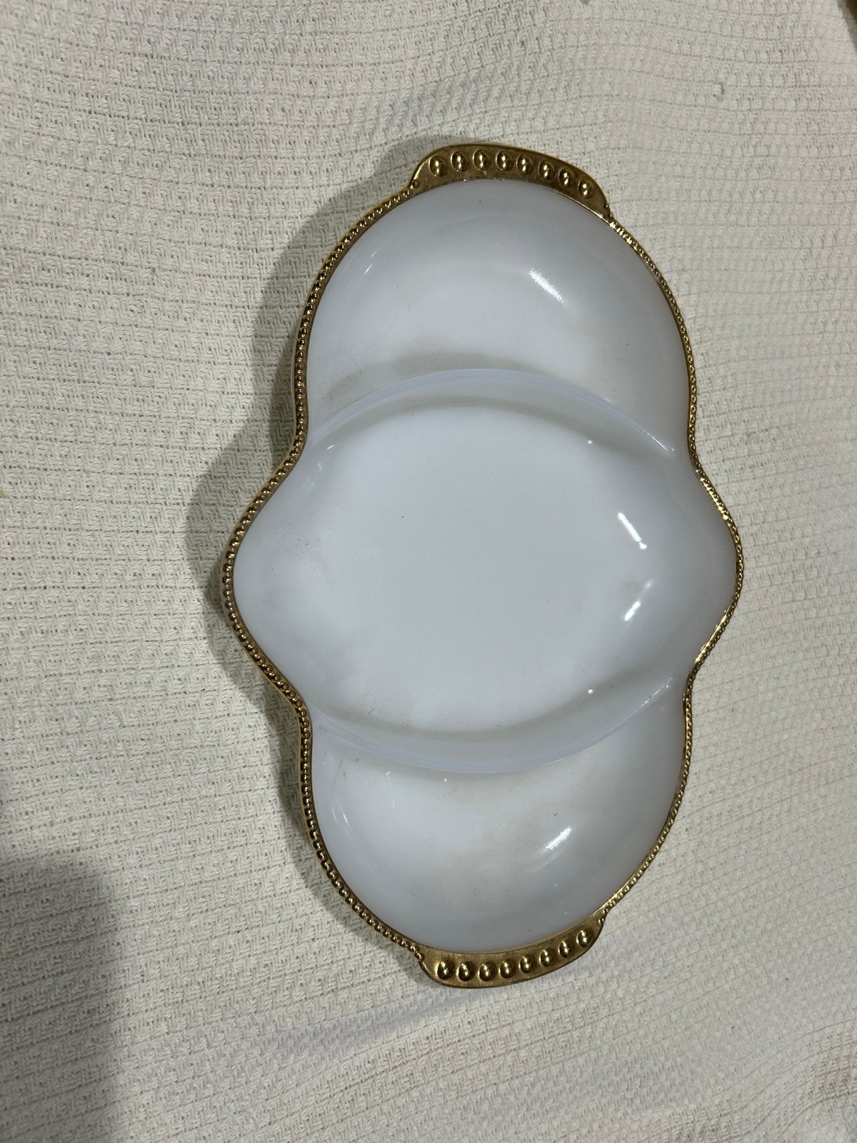 Fire king ovenware three section dish with gold trim