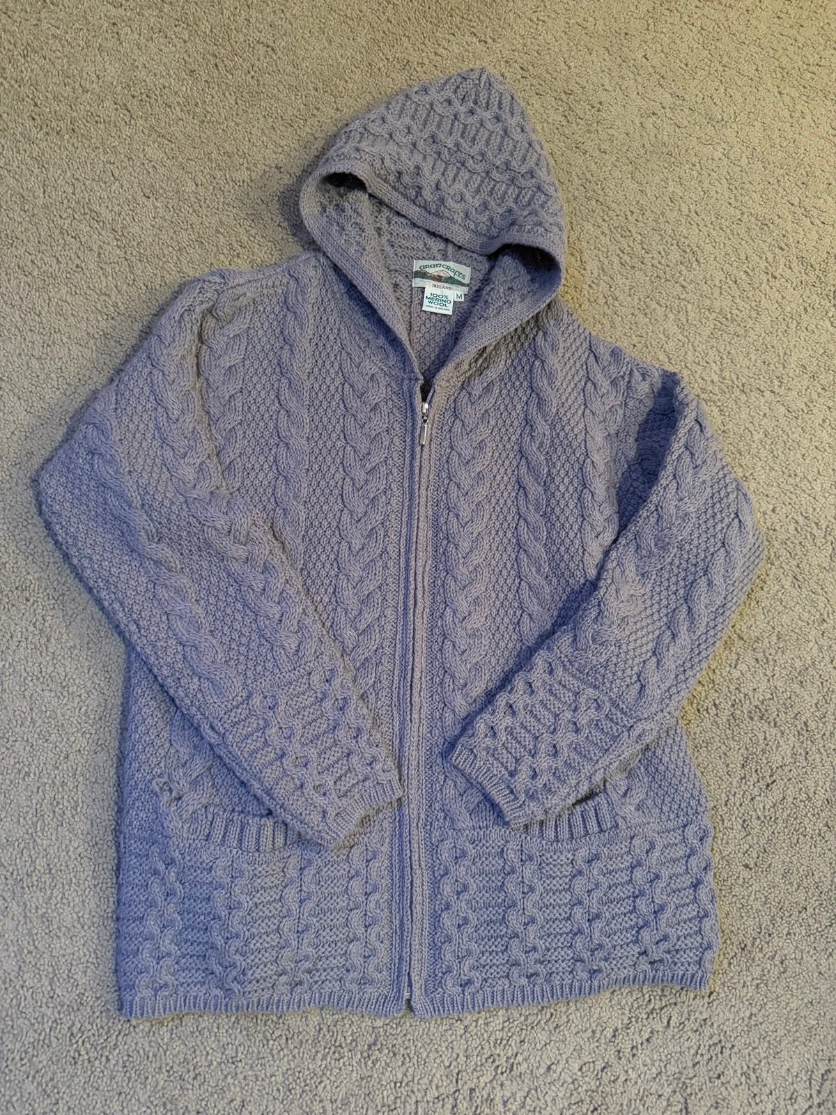 Aran Crafts Ireland Women Cardigan Sweater Sz Medium Gray Merino Wool Hood & Zip