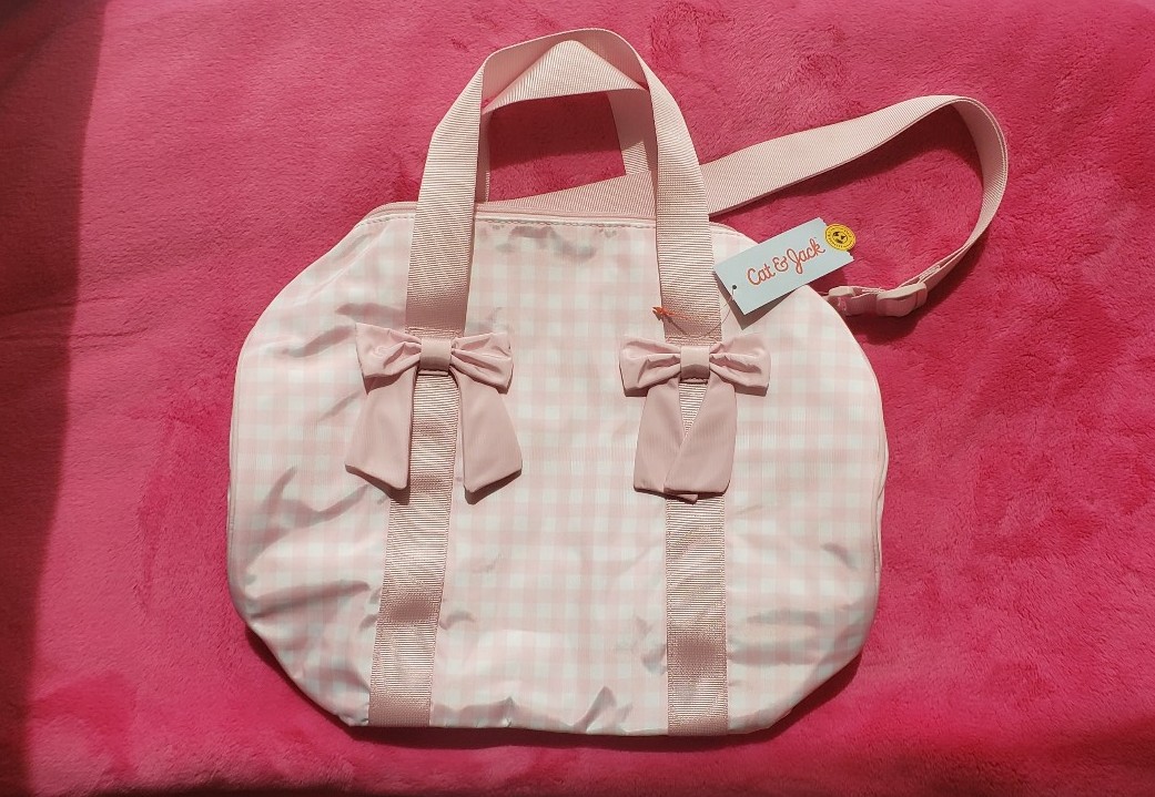 Cat and Jack Exclusive Viral PINK gingham printed duffle bag with BOWS