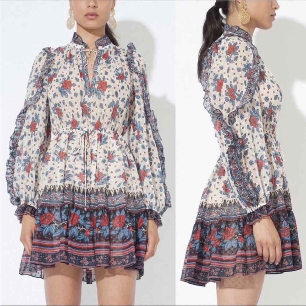 Ulla Johnson Dani Floral Silk Long Sleeve Ruffle Mini Dress in Pristine Sz 2