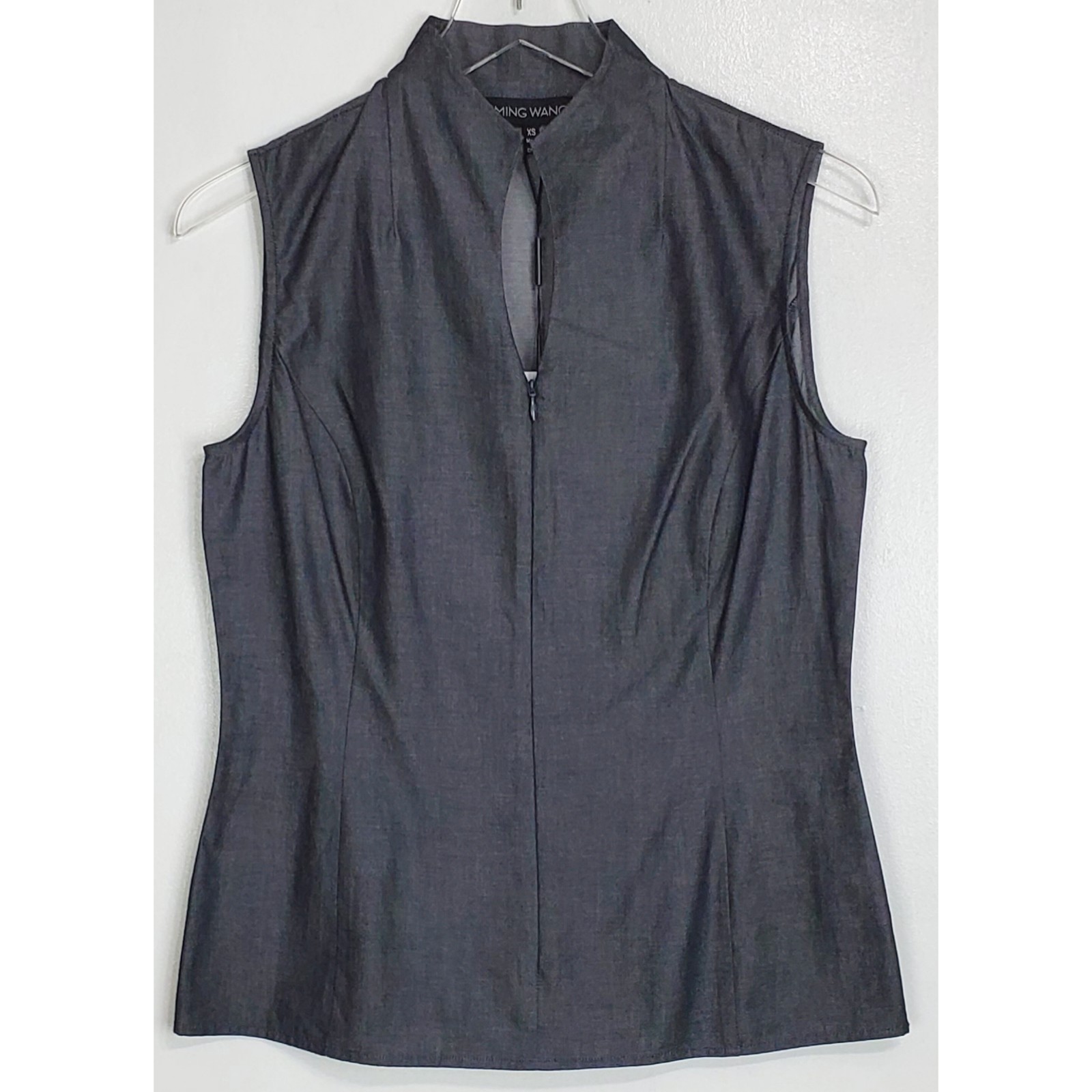 NWT Ming Wang mandarin collar sleeveless zip up blouse gray casual career layer