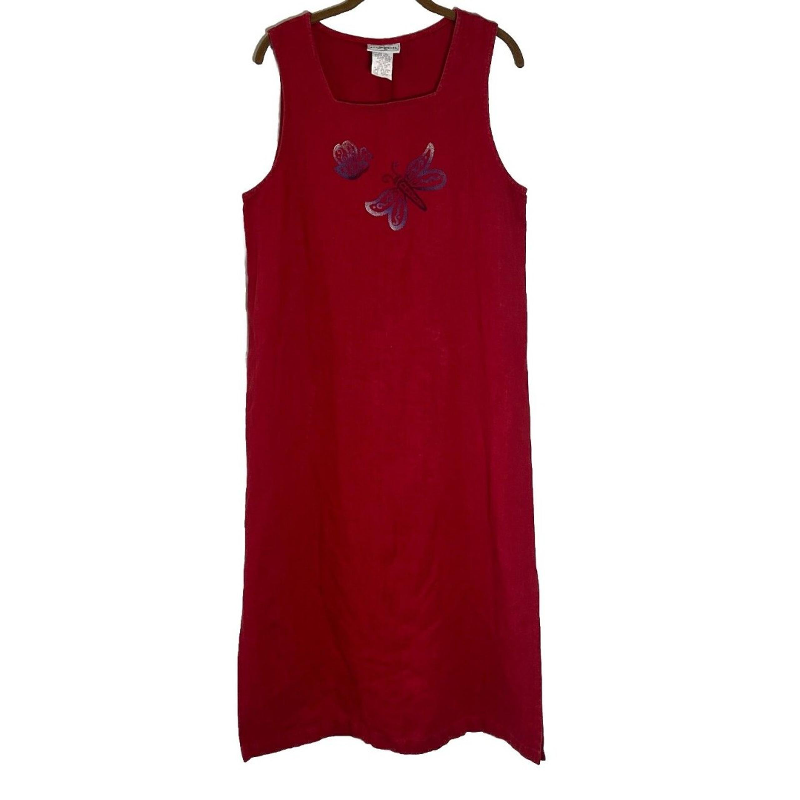 Vintage Studio Ease Dress Women's 8 Red Linen Butterfly Sleeveless Midi 90s Y2K