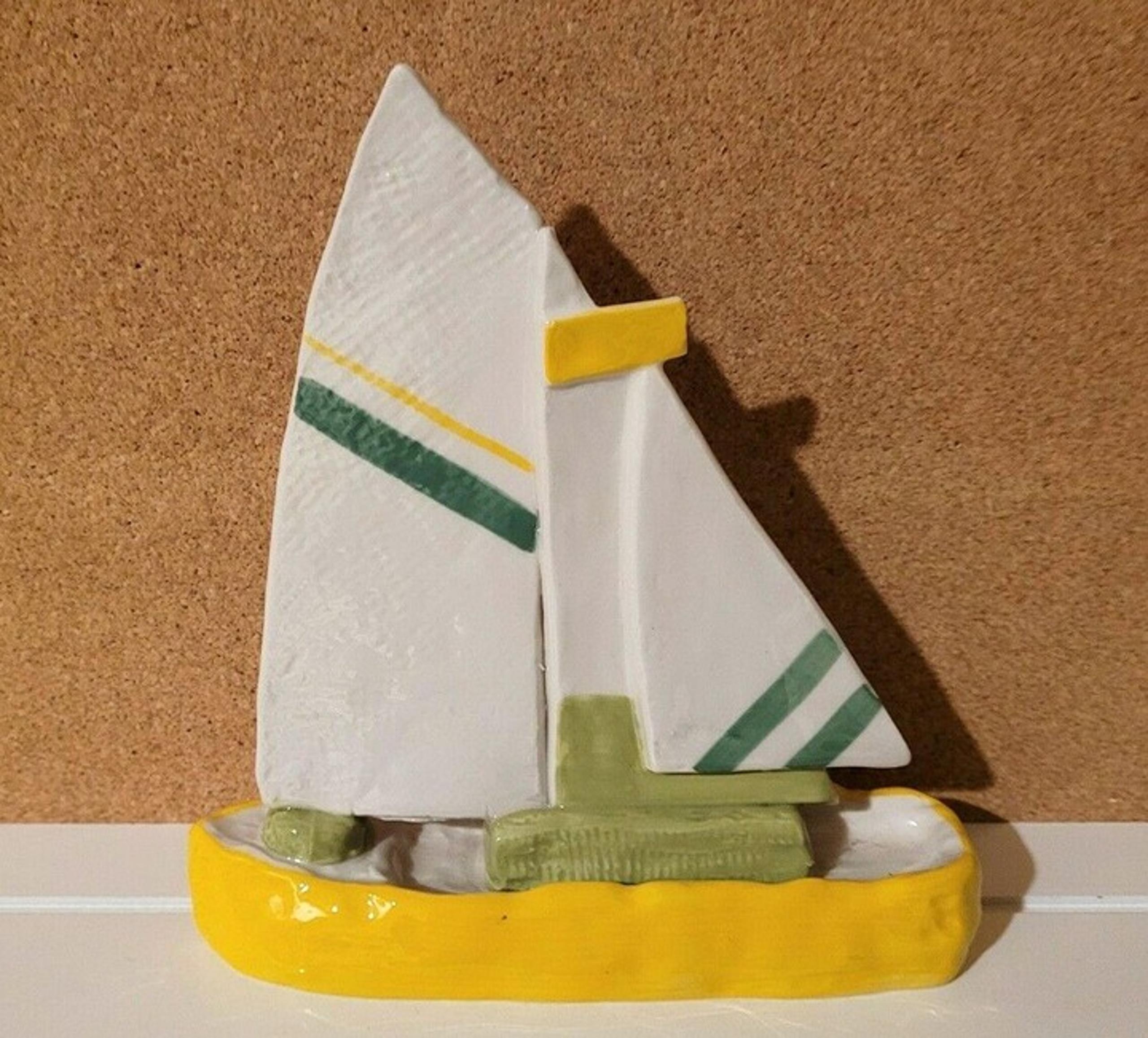 Anthropologie Ceramic Sailboat YELLOW/GREENS Decor 7” x 7”