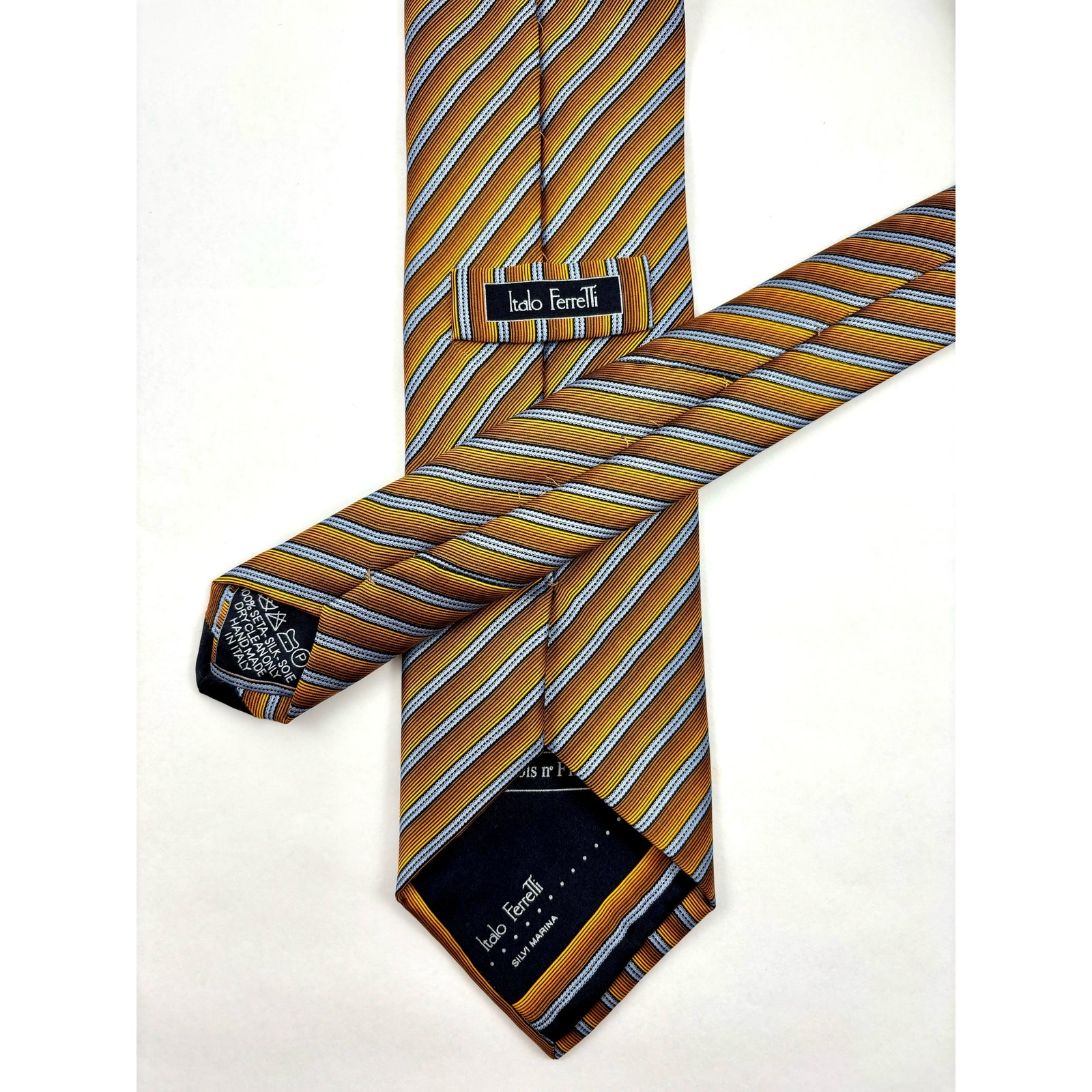 Italo Ferretti Silk Tie Orange Blue Stripes Handmade in Italy pois n F123