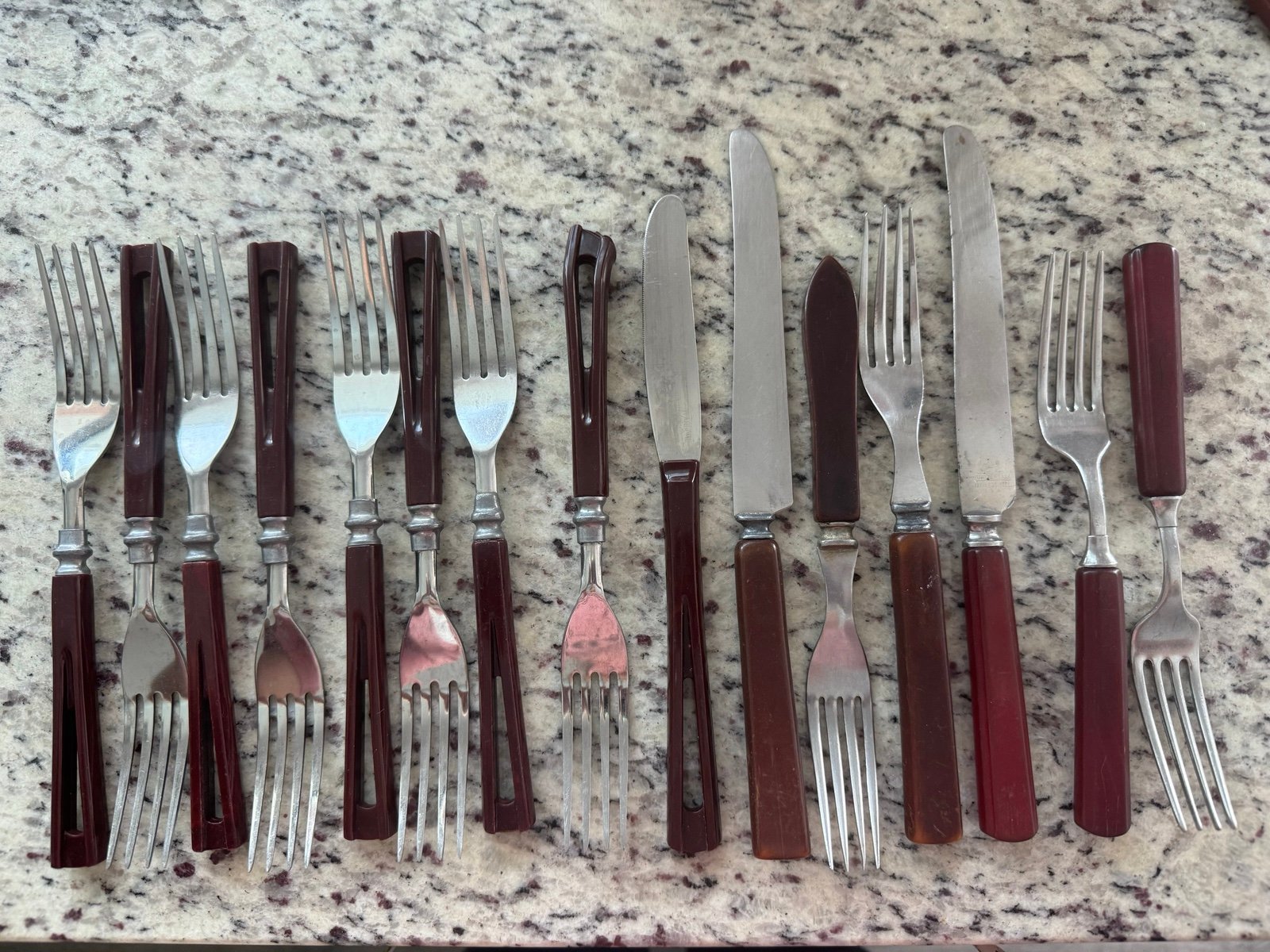 Vintage assorted pattern silverware 15 pieces 12 forks 3 knives ??Bakelite??