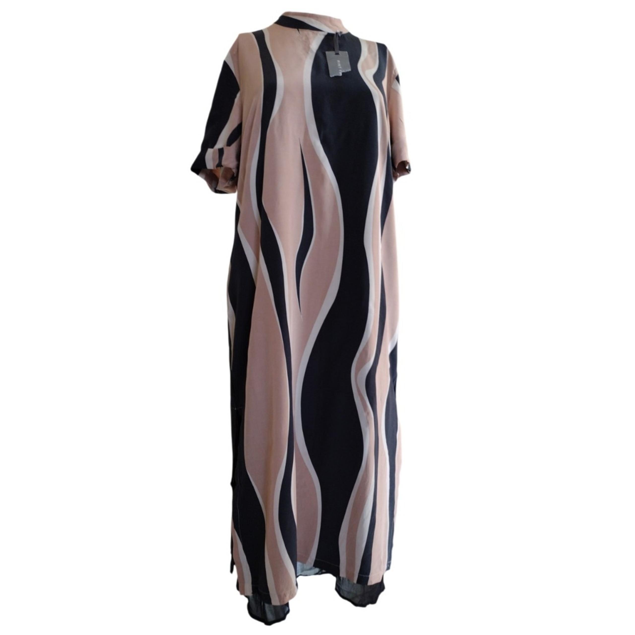 Mint Velvet Dress Woman's 10 Black Brown Wave Stripe Midi Short Sleeve Mock Neck