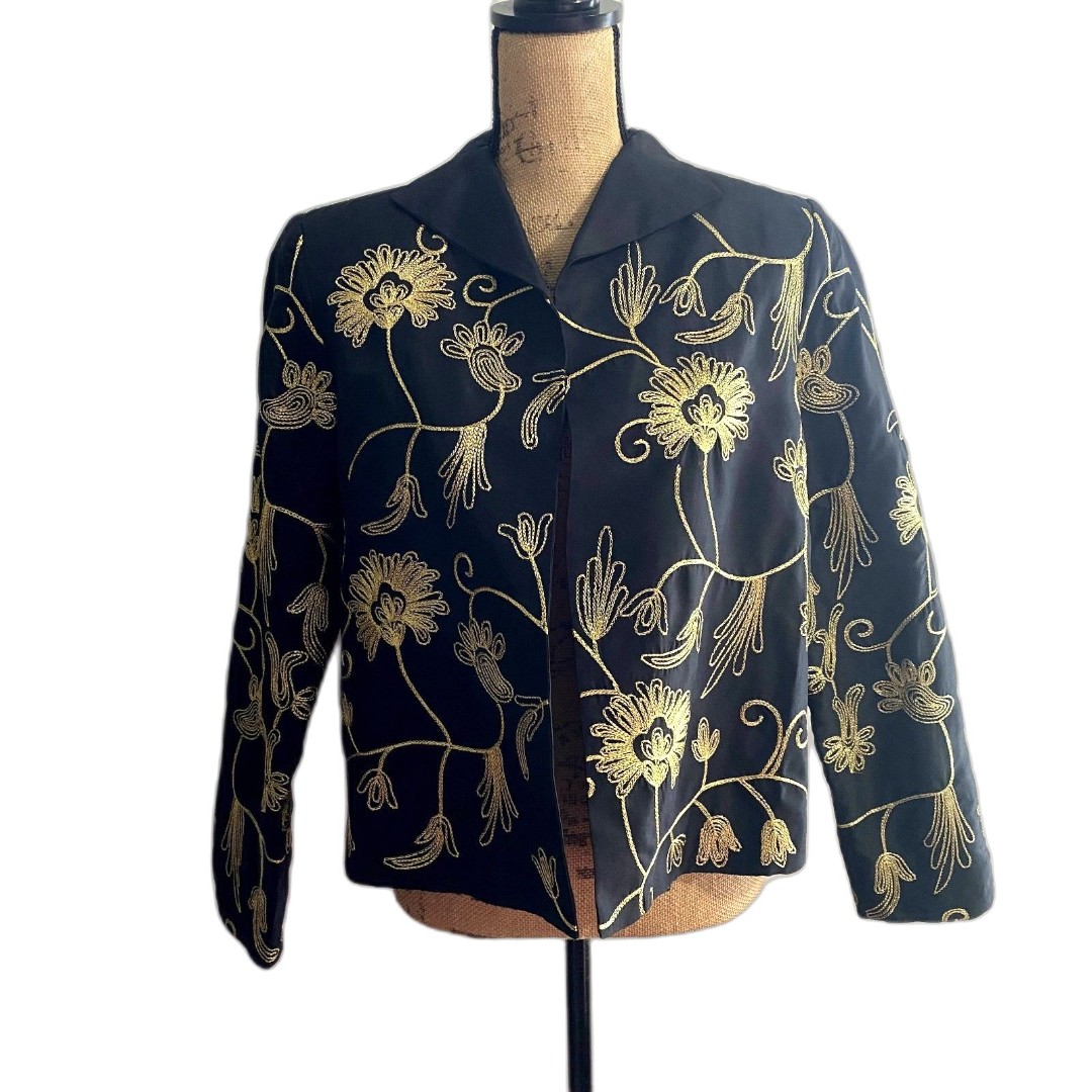 Vintage Silk Club Collection Floral Embroidered Blazer Black Gold Size Medium