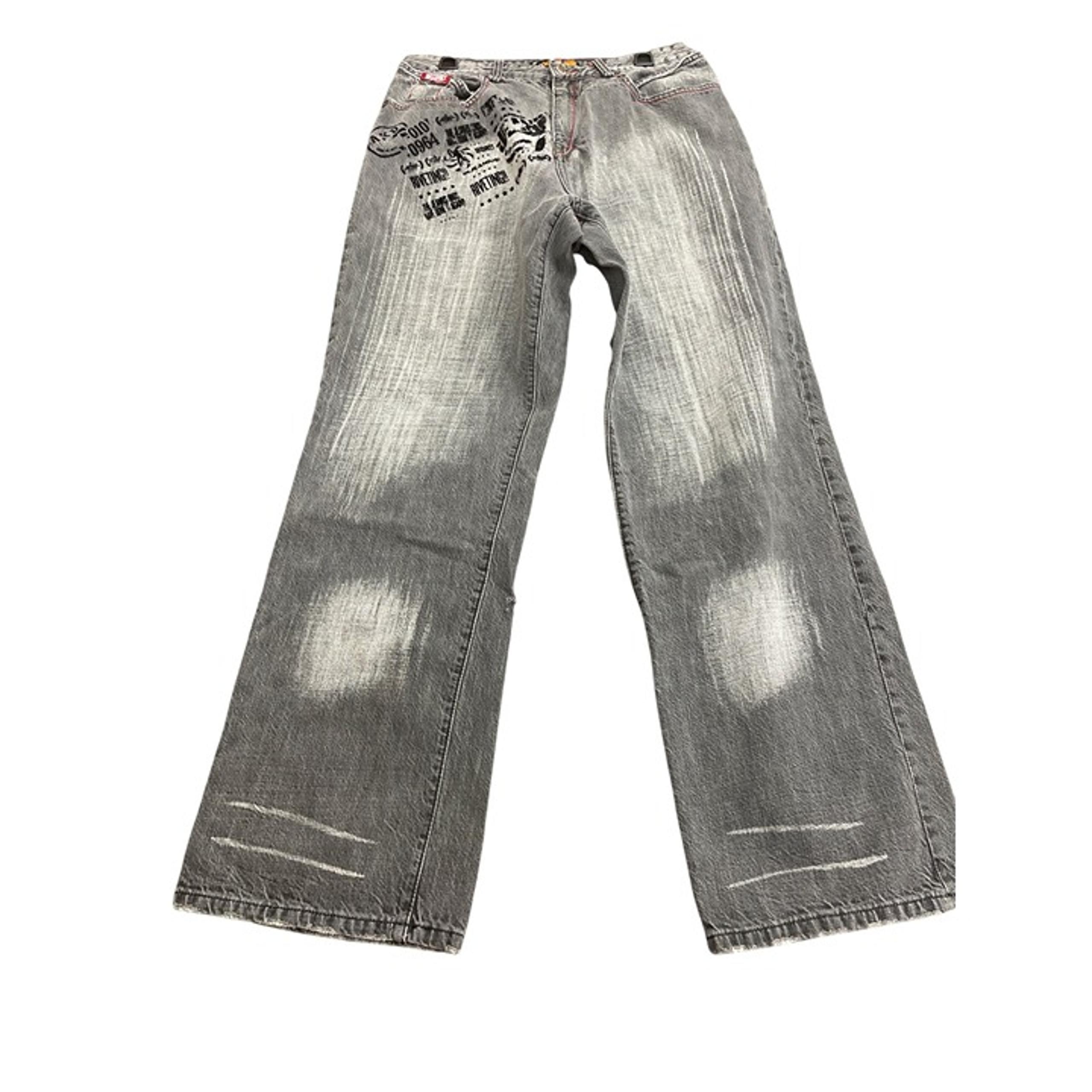 Akademiks Mens Distressed Gray Graphic Wide-Leg Jeans Size 34 x31 SKU 8308