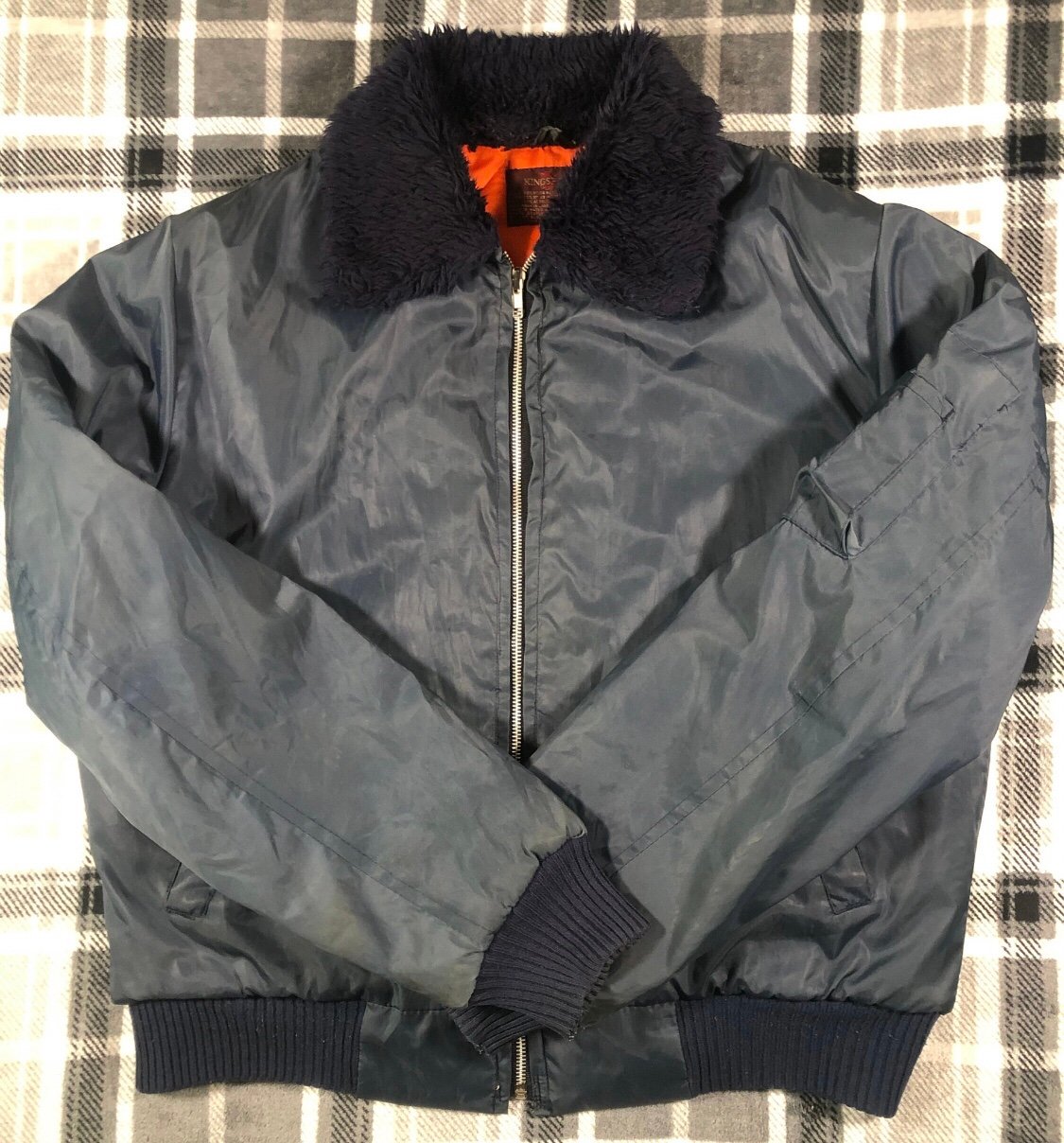 Vintage 80s Kingsport Work Leisure Faux Fur Collar Bomber Distressed Jacket