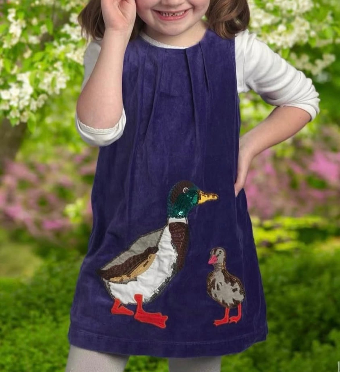 Mini Boden Purple Velvet Mallard Pinafore Dress and Shoes