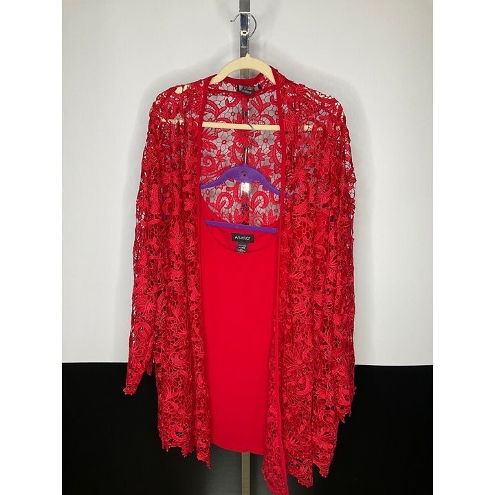 26W ASHRO 2 Piece Set Bright Red Sleeveless Top and Lace Floral Jacket
