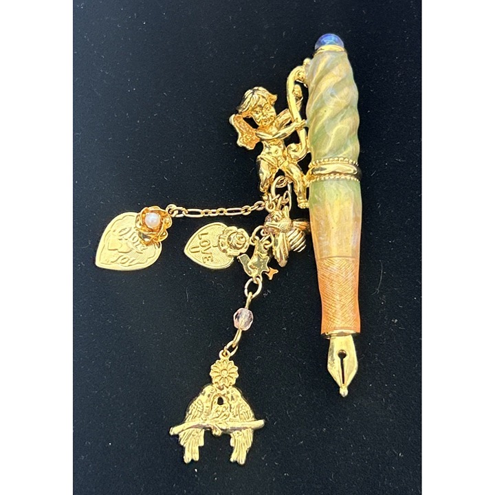 Kirks Folly Fountain Pen Brooch Pin Charms Cherub Angel Hearts Love Birds Bee
