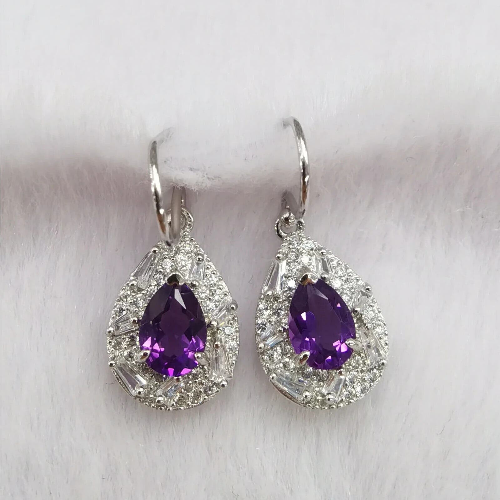 Elegant Natural Amethyst Dangle Earrings, Pear Cut Amethyst Statement Earrings