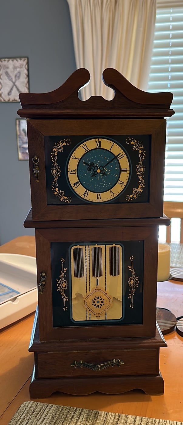 Vintage Clock Design Wood Wind-Up Musical Jewelry Box Large