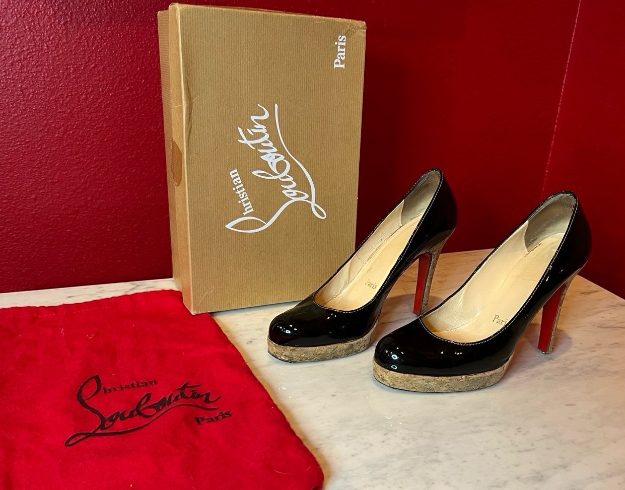 Christian Louboutin Black Patent Leather Cork Pumps Size 6.5 (37)