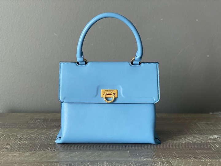SALVATORE FERRAGAMO TRIFOLIO TOP HANDLE FLAP BAG IN CHAMBRAY