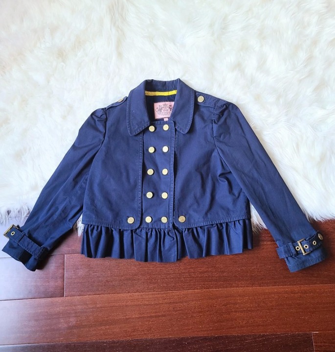 Juicy Couture Women Navy Blue Size Large Button Down Ruffle Cropped Jacket