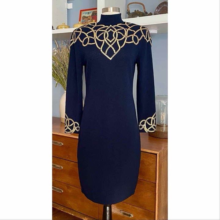 Vtg 80’s St. John Marie Gray Santana Knit Sheath Dress Size 6 Navy Gold Studded