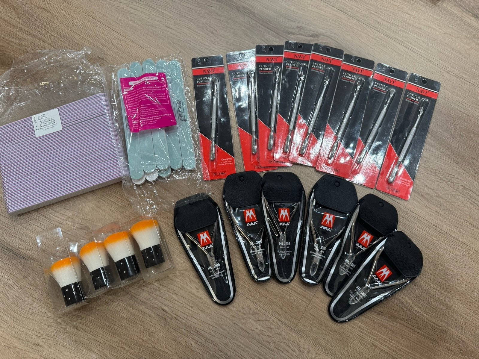 Nail tools,cuticle pusher,full jaw cuticle nippers,nail buffer, brush,nail file