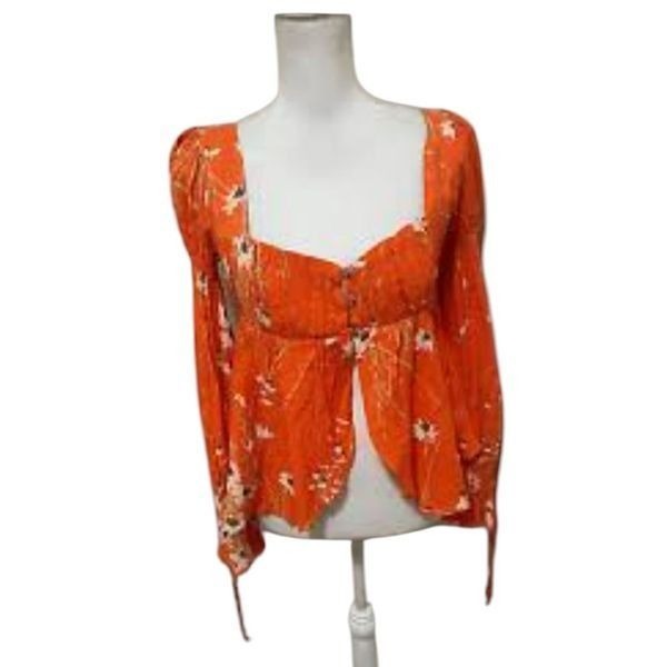 Urban Outfitters Orange Floral Allie Tie-Sleeve Blouse Size M