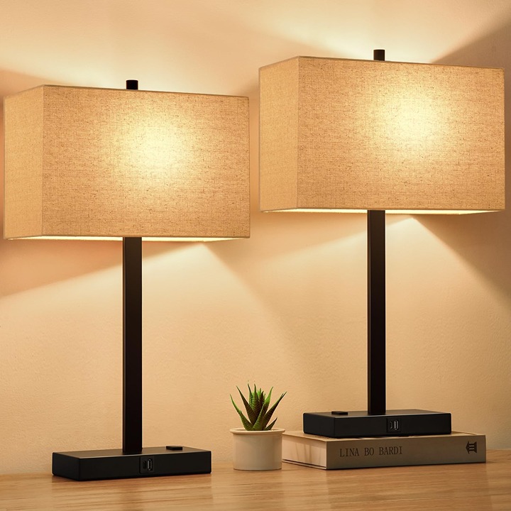 Set of 2 Bedside Touch Control Table Lamp with USB A+C Charging Ports & AC Outle