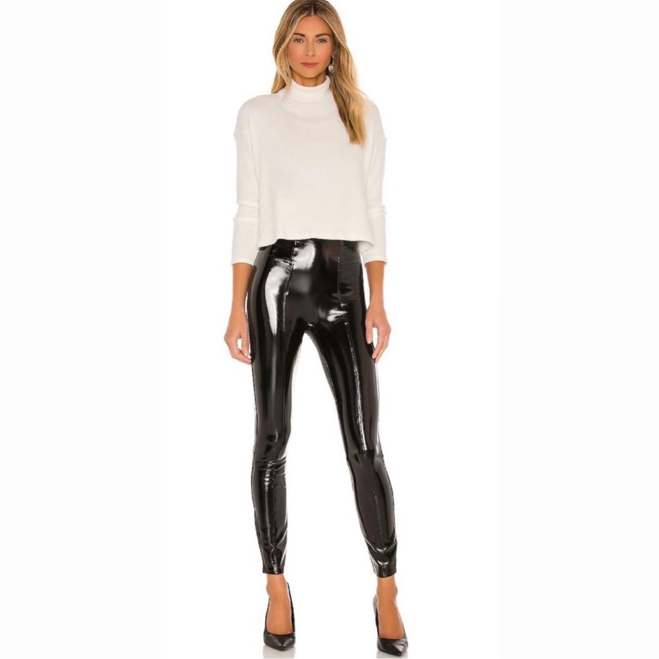 SPANX Faux Patent Leather High Waisted Leggings in black women's Medium