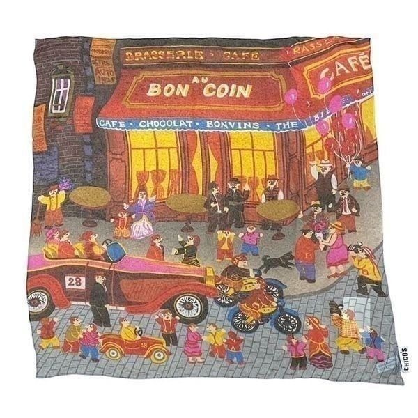 Chico's 100% Silk Scarf Paris City Street Scene Brasserie Cafe Colorful 20 x 20