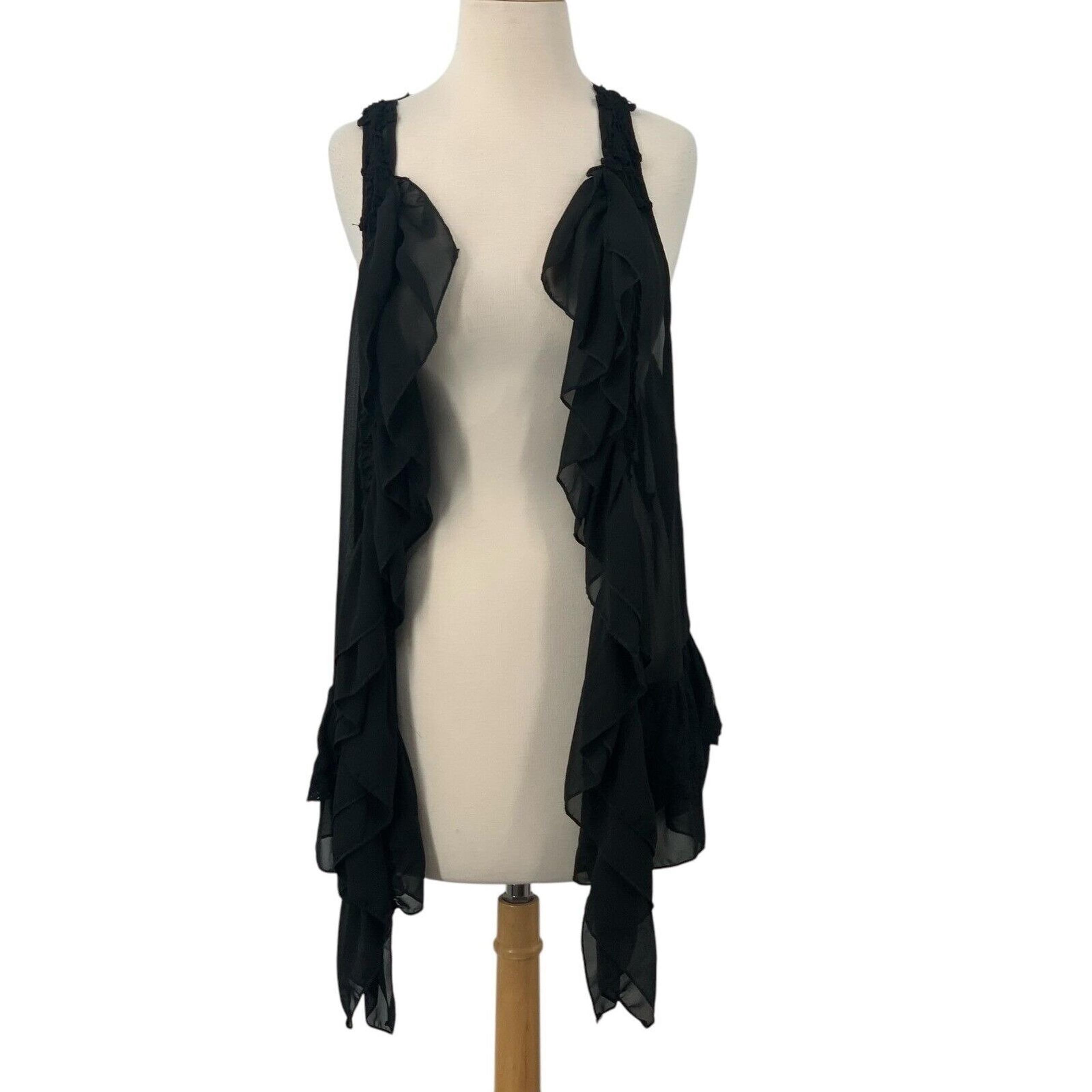 Umgee Sleeveless Cardigan Black Chiffon Crochet Lace Waterfall Ruffles Size M/L
