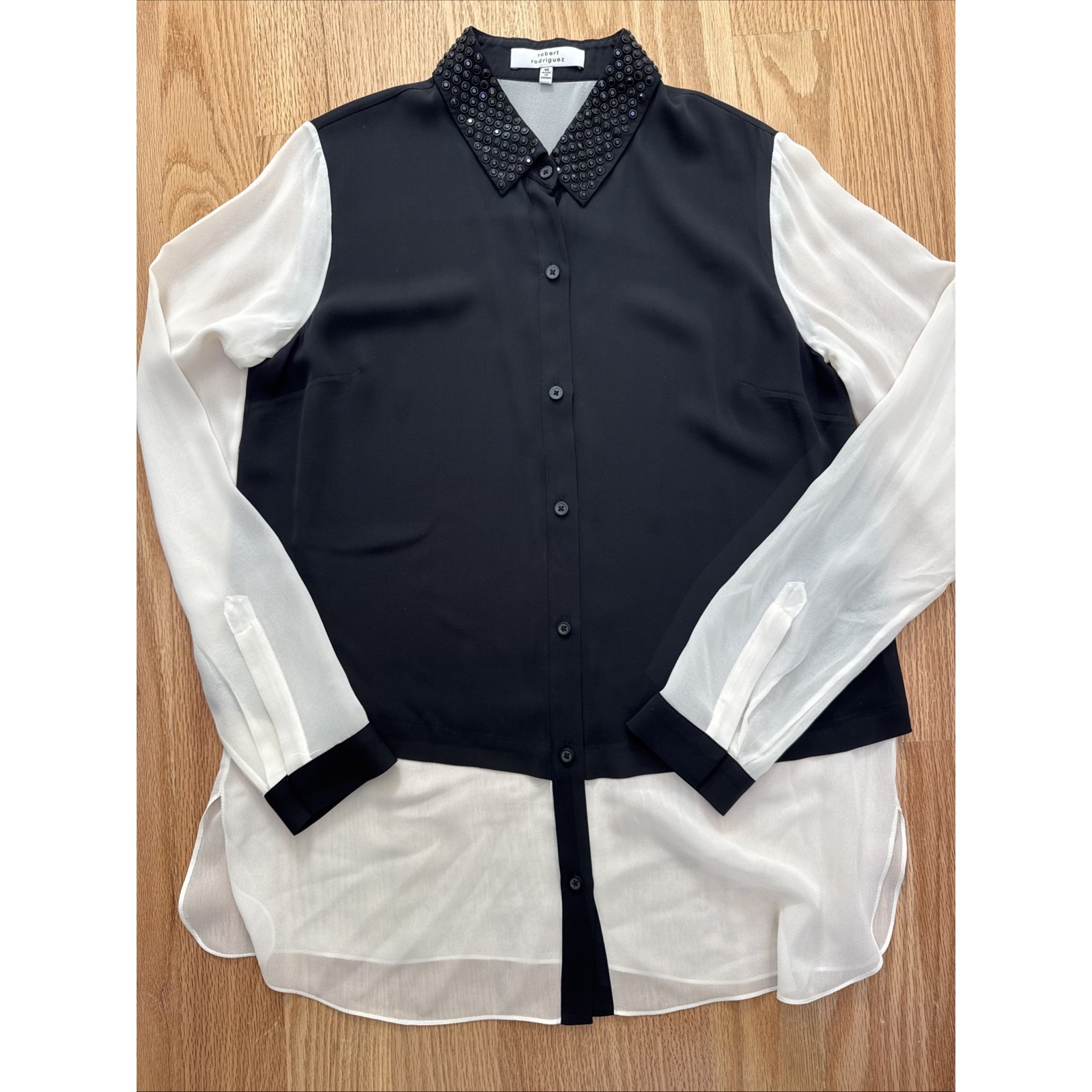 Robert Rodríguez Black ,Ivory Silk Button Blouse Long Sleeve Black Collar Sz.10