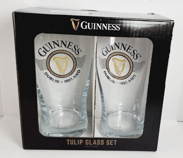 NEW Guinness Tulip 20 Oz Beer Glasses Gold Harp Set of 2