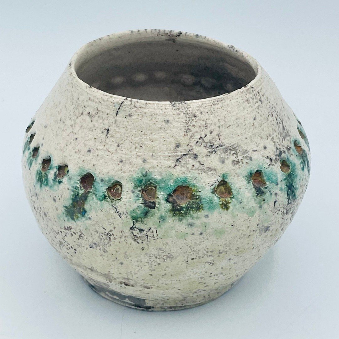 Raku Cream & Green Dotted Crackle Round Vase Signed Abstract Art Pottery Piece